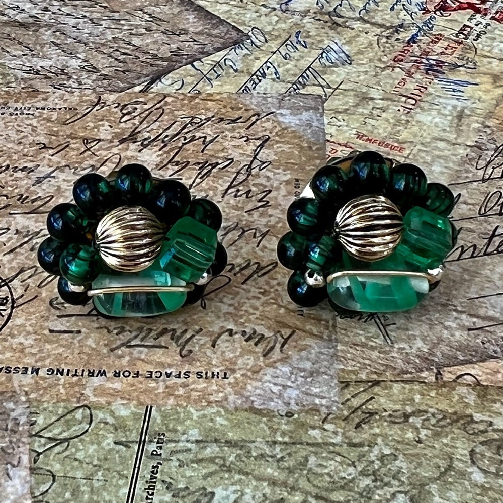 Vintage Green Beaded Clip On Earrings Made In Japan